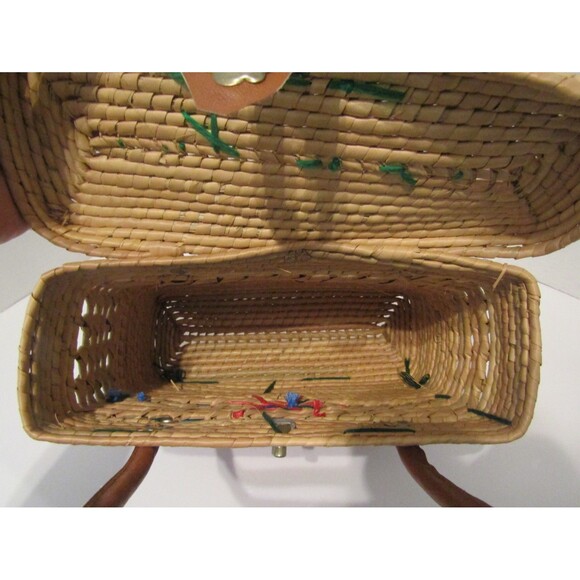Vintage Mexican Woven Straw Purse Raffia Flowers Leather Straps Basket Box - Picture 10 of 10